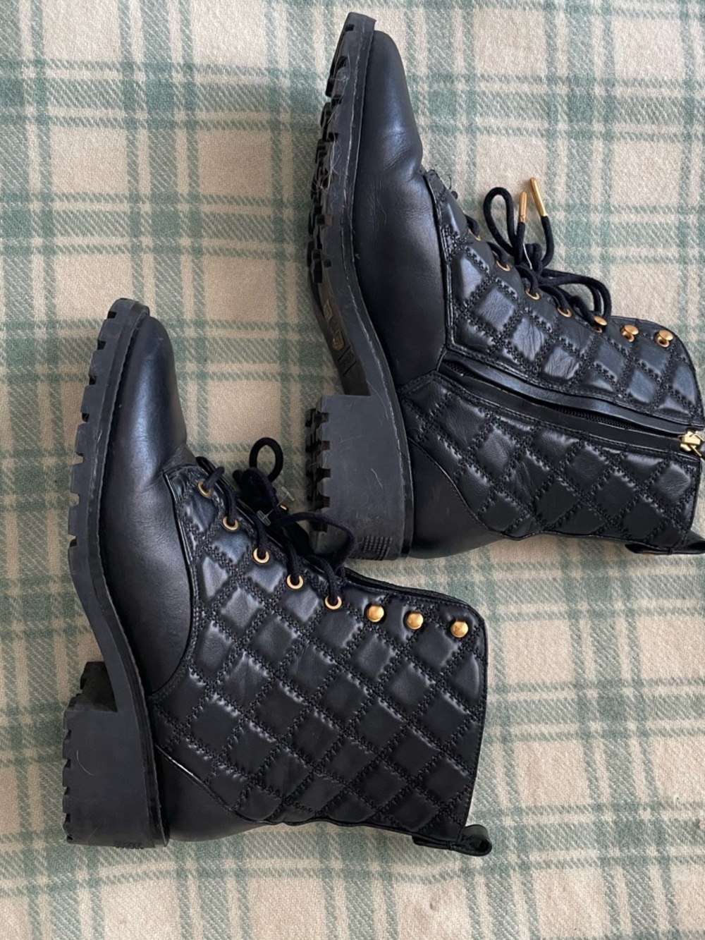 Tory Burch Black Quilted Lace-Up Combat Boots with Gold Hardware - Picture 4 of 4